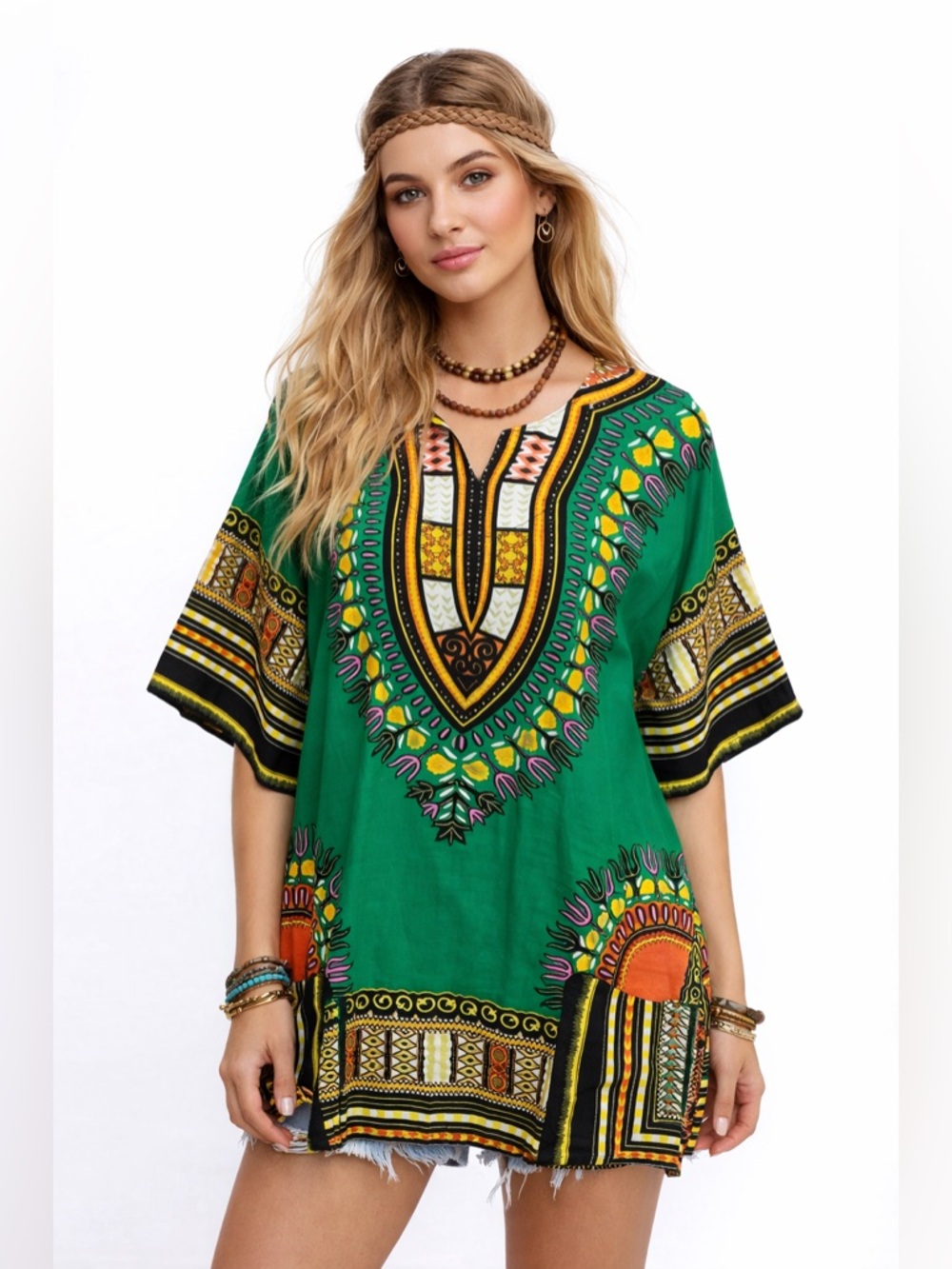 Vintage Dashiki Style Tunic Green African Print Boho Festival Top Oversized